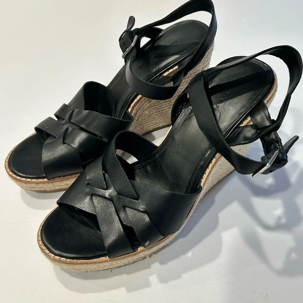 Black Leather Espadrille Wedge Sandals Adjustable Ankle Strap Sz‎ 9.5 Preowned